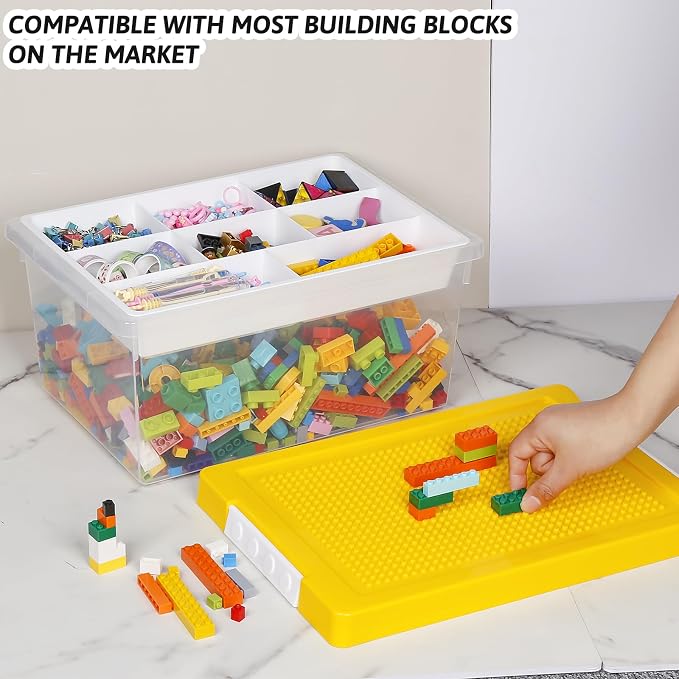 Plastic Storage Bins with Lids - 1 Set Stackable Arts Crafts Organizer Box with Removable Divided Tray &Compatible Building Baseplate,Toy Chest Containers for Bricks-Yellow(14.37"x9.64"x6.69")