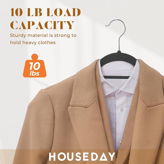 HOUSE DAY Premium Velvet Hangers 20 Pack, Non-Slip Hangers with Tie Bar | Elegance Black Standard Clothes Hanger Slim Felt Hanger with 360° Swivel Hook for Closet Organized Storage，72g/Pc