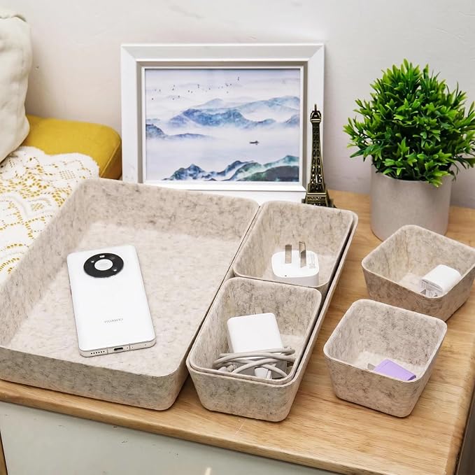 Desk Drawer Organizer Bins, 8pcs Felt Shallow Bathroom Storage Trays, Office Accessories & Workspace Organizers Jewelry & Makeup Boxes Containers(Beige)