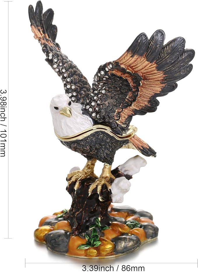 Hand Painted Animal Trinket Box for Home Decor, Hinged Jewelry Organizer Storage, Unique Personalized Collectible Keepsake Figurine Handmade Decorative Ornament Gifts (Eagle)