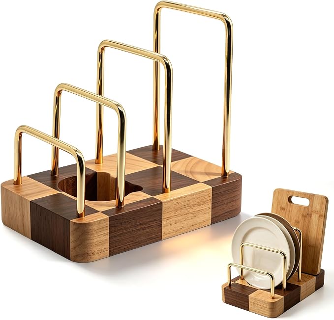 Chopping Board Rack with Rubberwood Base – 3 Slot Wood Cutting Board Holder Pot Lid Stand, Baking Trays Pans Plates Cabinet Storage Divider Accessory for Home Countertop Kitchen Storage & Organizer