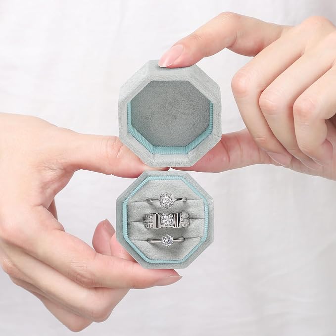 WantGor Velvet Ring Box, 3 Slots Jewelry Ring Gift Box Vintage Ring Holder | Ring Display Case for Wedding Ceremony Proposal Engagement (Sage Green)