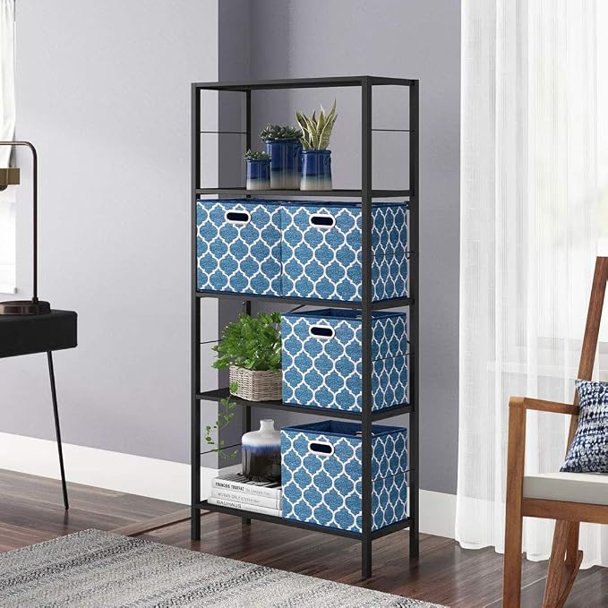 Cloth Storage Bins Set of 4 Thick Fabric Drawers Foldable Cubes Basket Organizer Container with Dual Metal Handles for Shelf Cabinet Bookcase Boxes Navy-Blue 13x13x13 inch