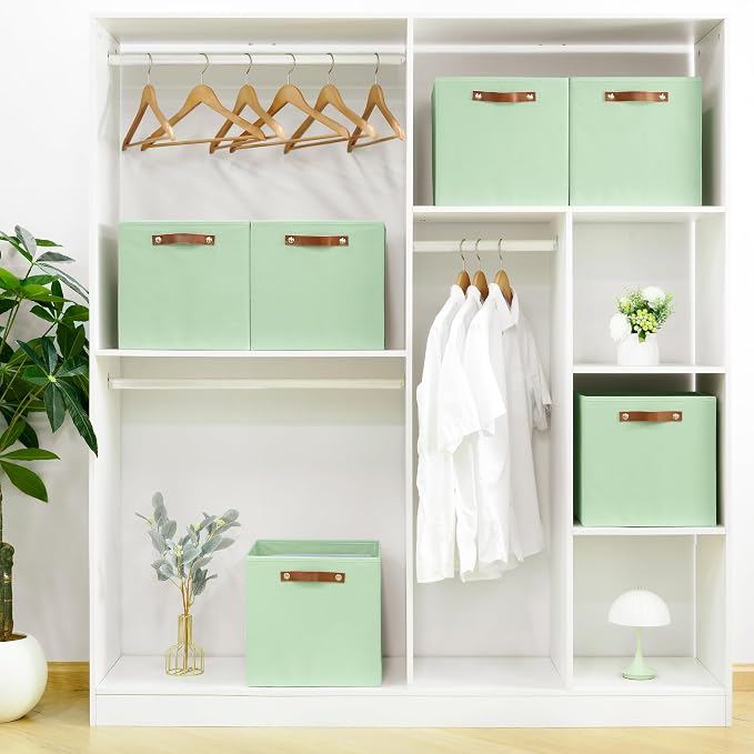 FinishingBo 6-Pack Storage Cubes with Handles & Label Holders Basket, Closet Cube Home Organizer Bins(Green, 13 x 13 x 13 inch)