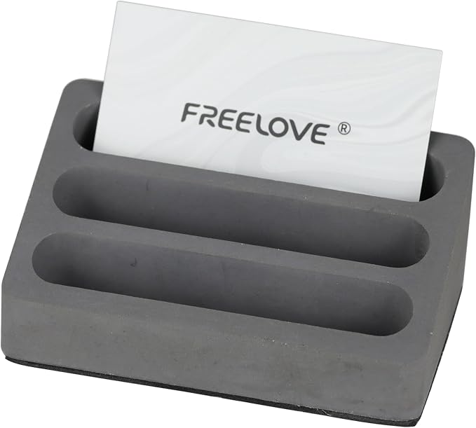 FREELOVE Desktop Card Holder, Concrete, Handmade, 3 Stair 3 Slots, Fits 30-50 Business Cards, Stone Weighted, Smooth Finish, Eva Base, Office Desk Organizer (Dark Grey, Small)