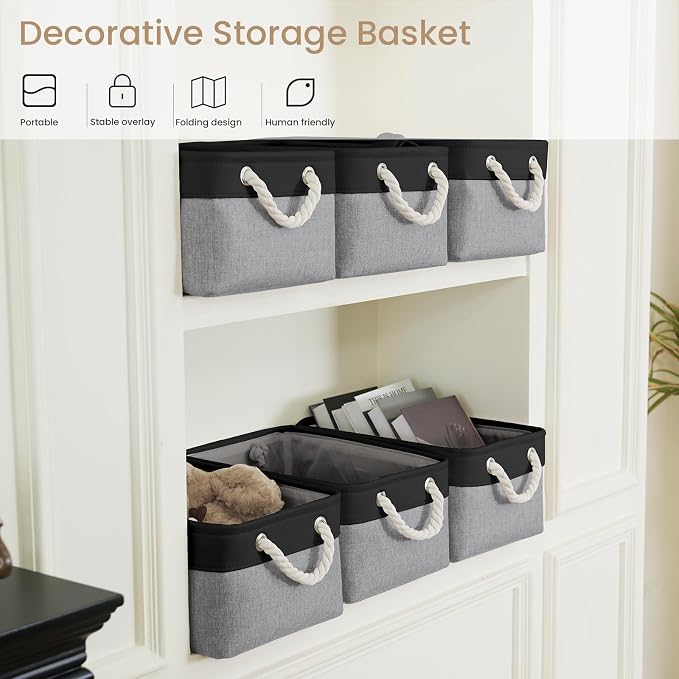 Storage Baskets for Shelves 13.8x9.8x6.7 Inch, Foldable Fabric Storage Bins with Handles, Small Storage Baskets for Organizing Closet, Office, Home Organization (6-Pack, Black&Gray)