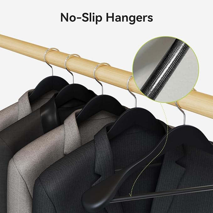 ABHENG Solid Wood Suit Hangers, 10 Pack, Coat Hangers with Non Slip Trouser Bar, 360° Swivel Hook, Heavy Duty Wide for Suit, Coat, Jacket, Trousers, Pants,17.3" W x 9" H, Black AWY0410B