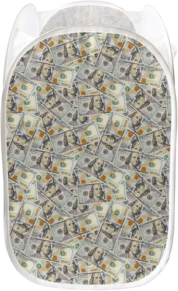 AFPANQZ Strong Mesh Pop-up Laundry Hamper Collapsible Laundry Baskets with Side Pocket, Dollar Print Steel Frame Easy to Open and Fold Flat for Clothes Storage 61L, 13.5x13.5x21 inches