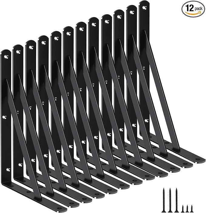12 Pack L11 x H 8" Black Heavy Duty Shelf Brackets with Screws Metal Shelf Brackets Shelf Support Angle Brackets for Shelves L Brackets Heavy Duty Floating Shelf Brackets