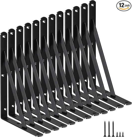 12 Pack L11 x H 8" Black Heavy Duty Shelf Brackets with Screws Metal Shelf Brackets Shelf Support Angle Brackets for Shelves L Brackets Heavy Duty Floating Shelf Brackets