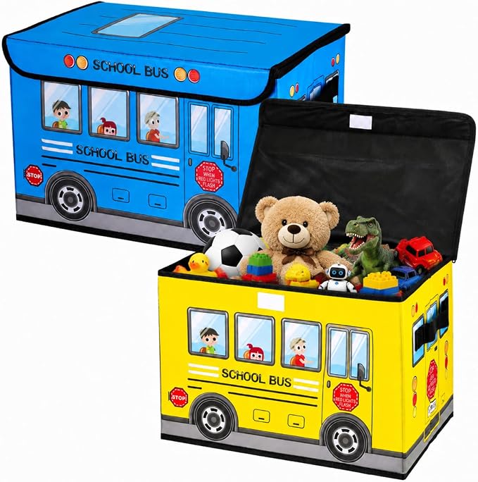 Sweetude 2 Pcs School Bus Treasure Box for Classroom, Foldable Chest Storage Toy Box Chest with Lid Treasure Storage Organizer Bin for Kids Teachers Toy Prizes Awards for Students(Yellow, Blue)