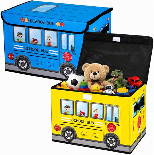 Sweetude 2 Pcs School Bus Treasure Box for Classroom, Foldable Chest Storage Toy Box Chest with Lid Treasure Storage Organizer Bin for Kids Teachers Toy Prizes Awards for Students(Yellow, Blue)