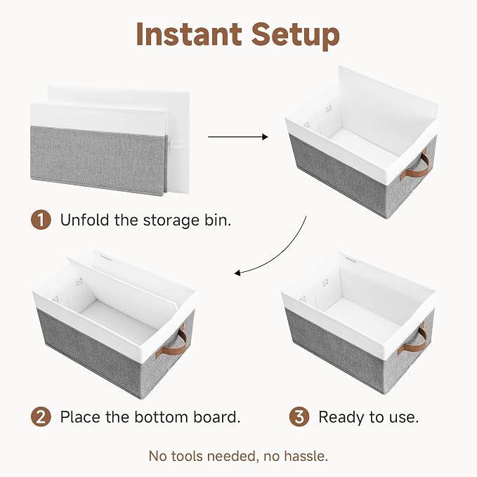 StorageWorks Fabric Shelf Baskets, Closet Organizers and Storage Basket, Foldable Storage Bins for Shelves, Clothes Storage Bins, Gray and White, 3-Pack, Large