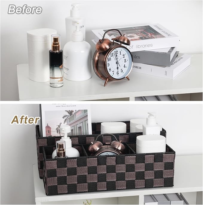 Woven Storage Baskets Bins Container for Organizing, 16” Checker Pattern Ribbon Metal Wire Desk Organizer, Drawer Dresser Baskets, Countertop Toilet Paper Storage (Black & Brown), 2-Pack