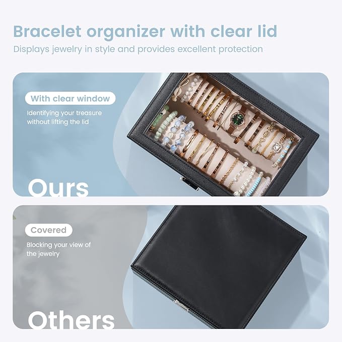 Lolalet Bracelet Display Holder with Rods for Bangles Watches, Clear Lid Jewelry Organizer Box Storage Case for Women Girls -Black, 2 Rolls