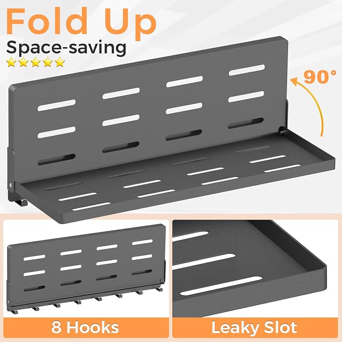 Folding Metal Shelf with Hooks, Wall Mounted Laundry Room Shelf, 8 Hooks & 90° Fold Up, Fold-Down for Rv, Bathroom, Kitchen, Garage, Space Saving, Small Space, Black（17.0", 1 Pack）