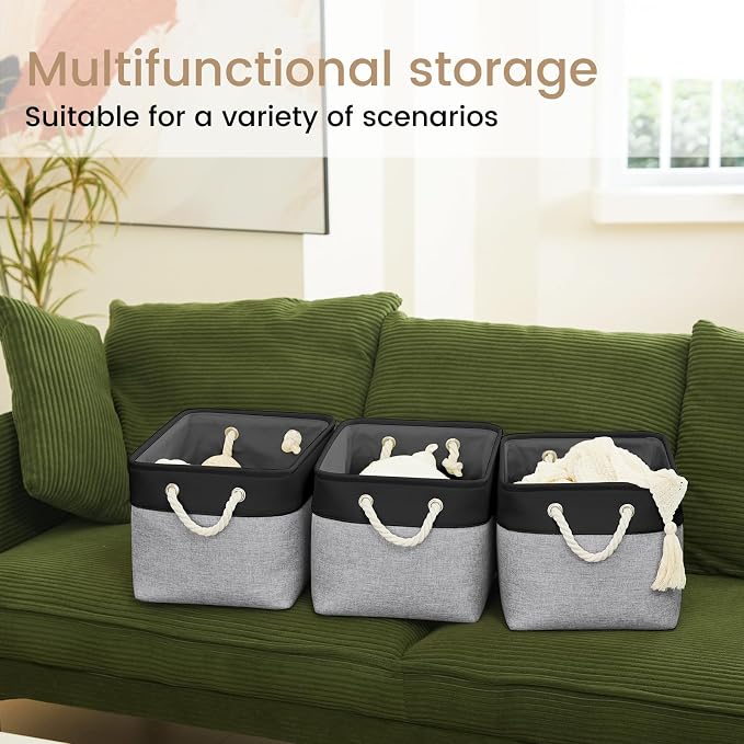 Large Storage Baskets- 15x11x10 inch Storage Bins for Shelves and Closet Organizing, Foldable Fabric Bin for Home Organization Clothes and Laundry (3-Pack, Black&Gray)