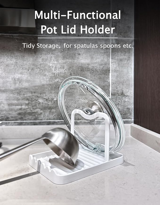 Anti-Rust Metal Spoon Rest with Lid Holder, Heat-Resistant Pot Lid Rest, Multifunctional Spatula Holder While Cooking for Stovetop and Kitchen Counter – White