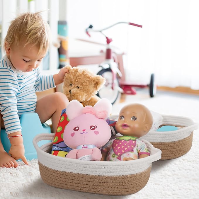 VOOWO Set of 5 Woven Rope Baskets for Storage, Organizing, Nursery, Shelves - Small Baskets for Gifts Empty (Off White & Jute)