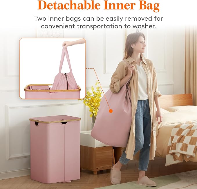 Lifewit 150L Double Laundry Hamper with Lid, Large Laundry Basket with Removable Bag & Bamboo Handles, Fodable Tall Dirty Clothes Hamper for Laundry Collapsible Bin for Bathroom Bedroom Dorm, Pink