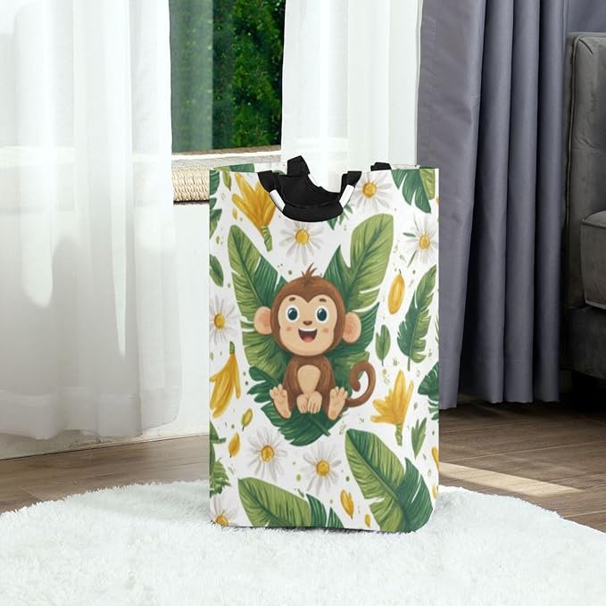 Sunny Monkey with Daisies Large Laundry Hamper Basket, Collapsible Laundry Bag Storage Bins Baskets with Handles for Laundry, Bedroom, Home Decor
