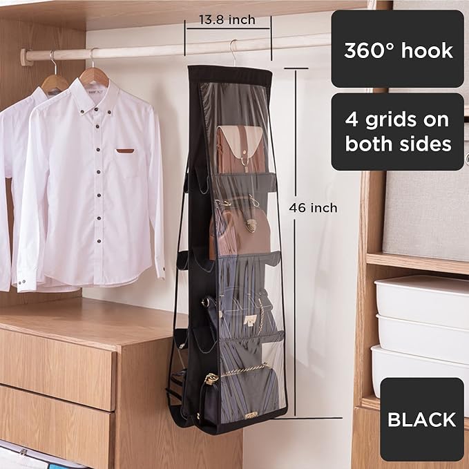 8 Pockets Hanging Purse Handbag Organizer Clear Hanging Shelf Bag Collection Storage (Black)