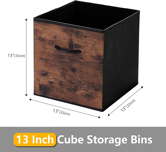 WUIKE 13-Inch Rust Brown Cube Storage Bins, Wood Print Front, 4-Pack | Cubby Organizer Baskets with Handles for Shelves, Closets, Clothes, and Toys