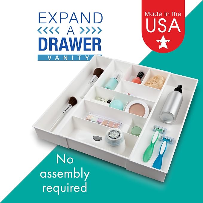 Dial Industries Expandable Vanity Drawer Makeup Organizer Desk Storage Tray | Adjusts to fit narrow or wide drawers, Keeps brushes, jewelry and cosmetics separated, Great for bathrooms or bedrooms
