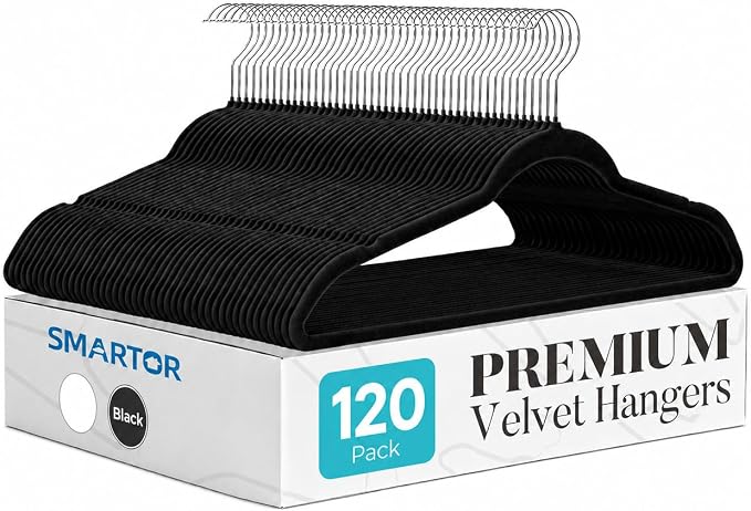 Smartor Black Velvet Hangers 120 Pack, Non-Slip Space-Saving Clothes Hanger | Premium Slim Felt Hanger for Closet Organizers and Storage, Heavy Duty Hanger with Shoulder Notches and 360° Hooks for Coats