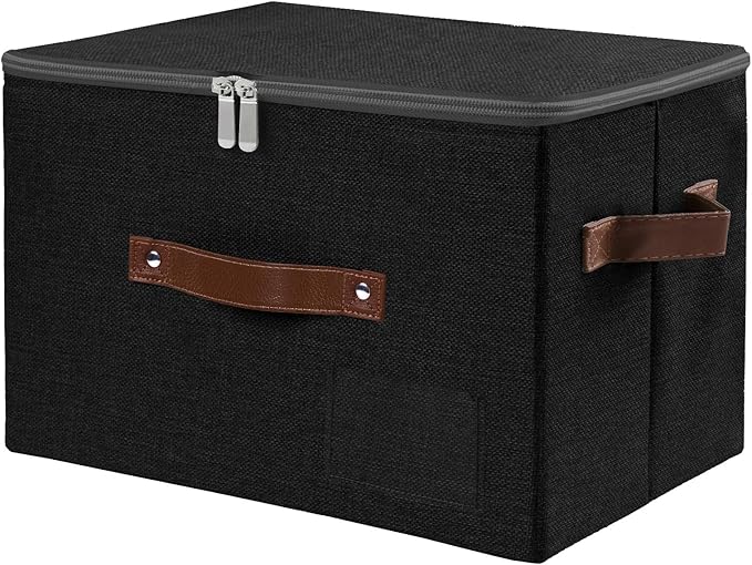 ANMINY Storage Bins with Zipper Lid Storage Boxes with Label Holder PU Leather Handles Washable Foldable Decorative Lidded Cotton Linen Fabric Cubes Baskets Closet Organizer - Black, Medium