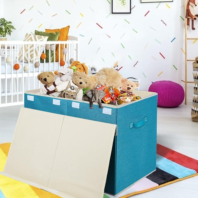 popoly Large Toy Box Chest Storage with Flip-Top Lid, Collapsible Toy Bin Storage Organizer for Boys, Kids, Girls, Toys, Playroom Organizers, 25"x13" x16"(Linen Teal)