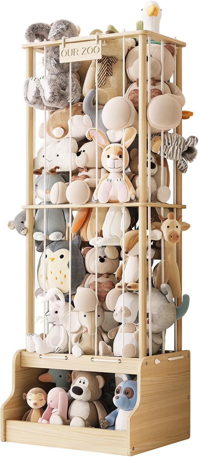 Stuffed Animal Storage Organizer,2-in-1 Solid Pine Wood Stuffed Animal Zoo with Toy Chest, Large Plush Toy Holder with Thick Elastic Bands,Stuffed Animal Holder for Playroom, Nursery, Bedroom
