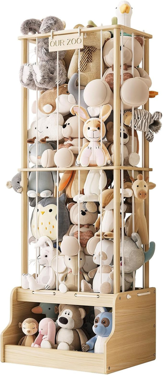 Stuffed Animal Storage Organizer,2-in-1 Solid Pine Wood Stuffed Animal Zoo with Toy Chest, Large Plush Toy Holder with Thick Elastic Bands,Stuffed Animal Holder for Playroom, Nursery, Bedroom