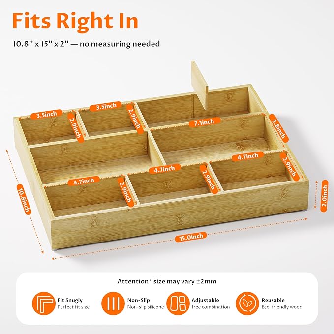 Bamboo Drawer Organizer with 9 Adjustable Compartments, Office Desk Organization Tray for Office Utensils, Supplies, Makeup, Jewelry, and More – Ideal for Desk or Drawer Storage