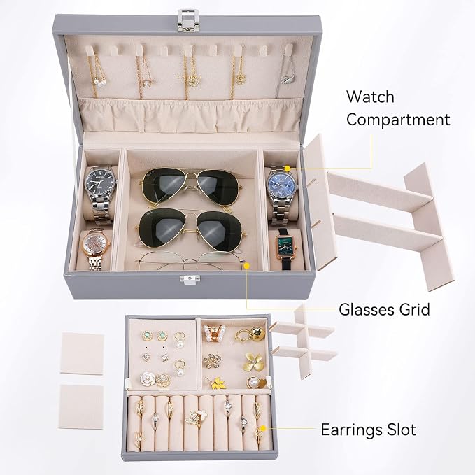 LANDICI Jewelry Box Organizer for Men Women, 2 Layer 4 Slot Watch Storage Case with Removable Tray, PU Leather Large Jewellery Holder Display for Watches Sunglasses Rings Earrings Necklace, Grey