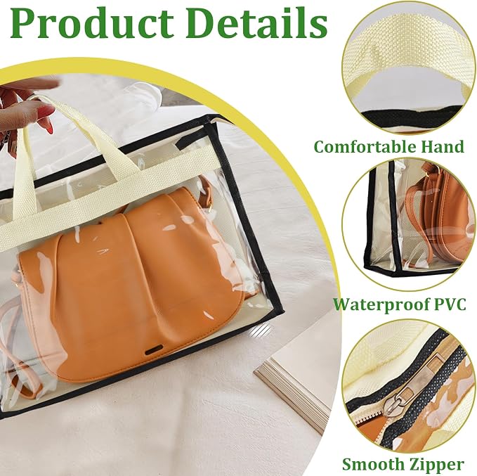 Gcroet Handbag Storage, Handbag Organizer Dust Cover Bag Transparent Anti-dust Purse Storage Bag for Hanging Closet with Zipper and Handle Space-Saving Storage Bag(5 Pack)