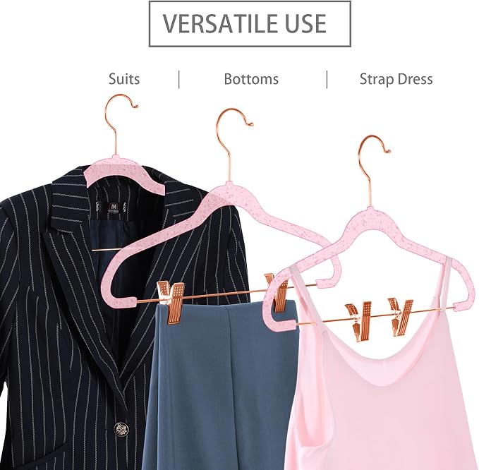 MIZGI Slim Rose Gold Glitter Pants & Skirt Hangers (20 Pack) - Adjustable Rose Gold Clips & Hooks, Pink Transparent Non-Felt, Space-Saving for Dresses, Shirts, Blouses