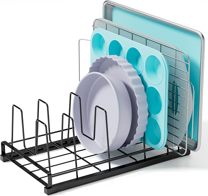 Food Container Lid Organizer, Adjustable 6 Dividers Full-Metal Pot and Pan Organizer Rack for Kitchen Cabinets, Drawers, Cupboards, Pantry Shelves Storage, Black