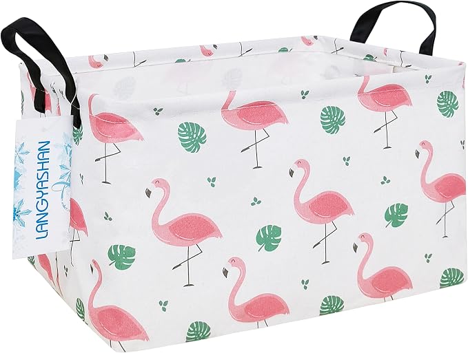 Rectangular Collapsible Leaf Flamingo Storage Basket Nursery Organizer | Storage Bin Foldable Canvas with Handles for Organizing Home Kitchen Children Toys Office Closet Shelf Baskets