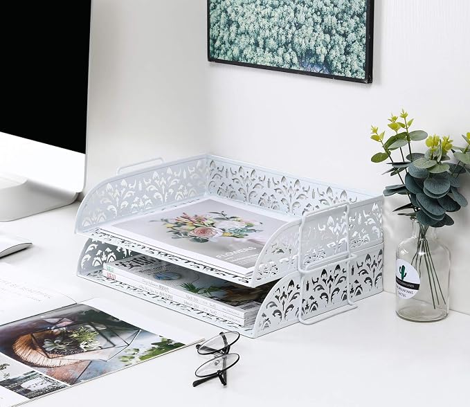 PAG 2 Tier Desktop File Organizer Metal Stackable Letter Tray Paper Holder Rack for Desk, White