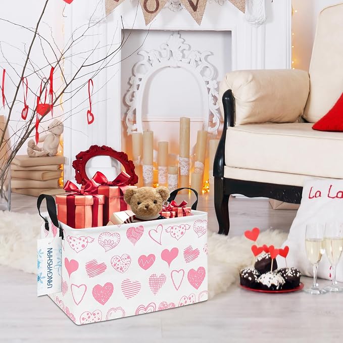 Rectangular Collapsible Angel Heart Storage Basket Nursery Toy Organizer | Storage Bin Foldable Canvas with Handles for Organizing Home Kitchen Children Toys Office Closet Shelf Baskets