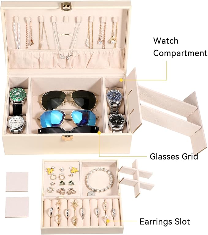 LANDICI Jewelry Box Organizer for Men Women, 2 Layer 4 Slot Watch Storage Case with Removable Tray, PU Leather Large Jewellery Holder Display for Watches Sunglasses Rings Earrings Necklace, Apricot