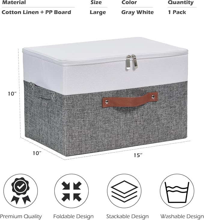 Storage Boxes with Zipper Lid Cotton Linen Fabric Lidded Storage Bins Baskets Foldable Washable Closet Shelf Clothes Organizer Container Faux Leather Handles (Gray White, Large)