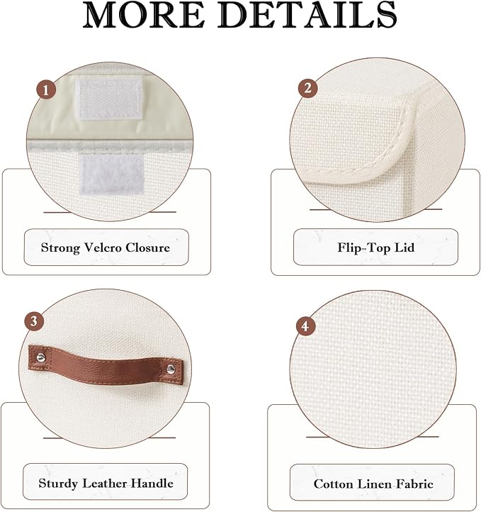 Collapsible Storage Boxes Baskets with Lid Cotton Linen Fabric Storage Bins with Faux Leather Handles Decorative Washable Cube Organizer Container for Home Closet Bedroom (Beige, Large Size)