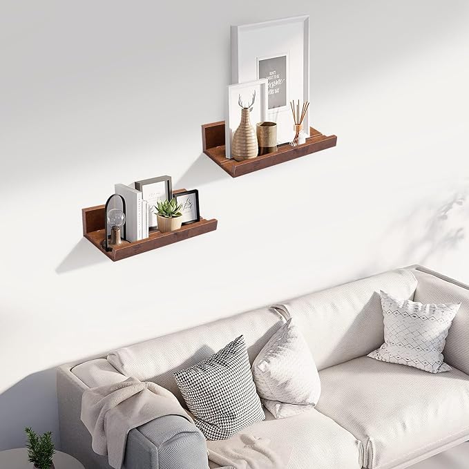Muzilife 12" Small Floating Wall Ledge Shelves with Lip - Set of 2 Wood Floating Shelves - Honey Wall Mounted Picture Ledge for Office, Bathroom, Bedroom, Living Room, Kitchen