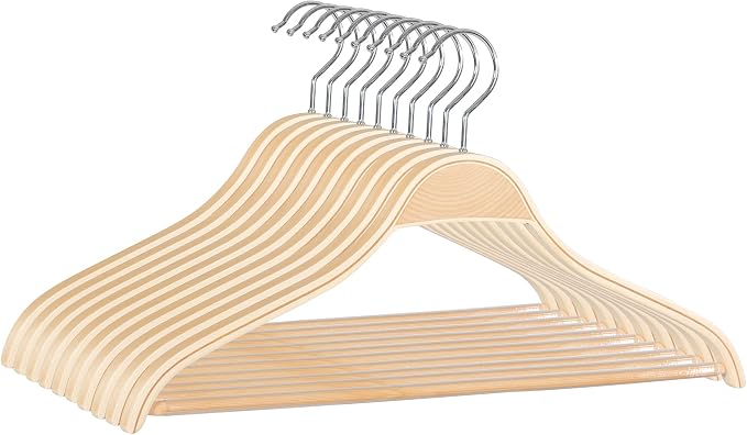 JS Hanger Wooden Coat Hangers, 10 Pack Light Weight Wood Coat/Suit Hangers with Non-Slip Pant Bar, Natural Finish