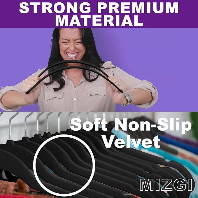 MIZGI Premium Velvet Hangers (50 Pack) - Heavy Duty, Non Slip Felt - Velvet Suit Hangers, Black with Chrome Hooks, Space Saving