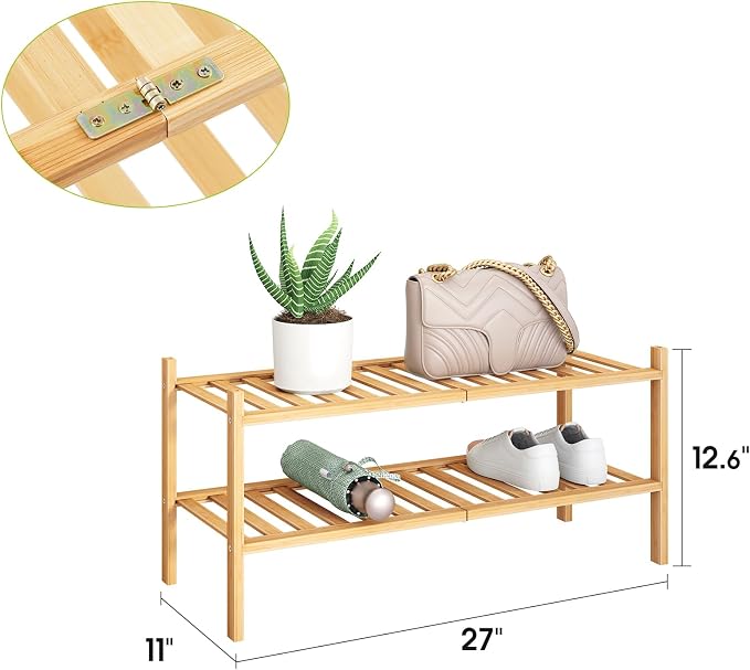 BMOSU 2-Tier Bamboo Shoe Rack Premium Stackable Shoe Shelf Storage Organizer for Hallway Closet Living Room Entryway Organizer (Natural Bamboo)