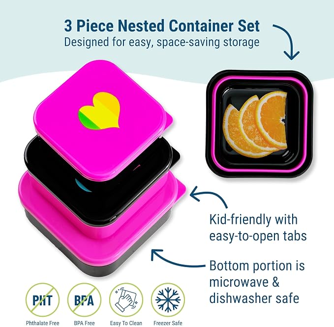 Wildkin Set of 3 Kids Nesting Food Containers for Girls – Stackable, Airtight & BPA-Free Snack Containers, Dishwasher Safe Lunch Box Containers for School & Travel, Ages 3–12 – Rainbow Hearts