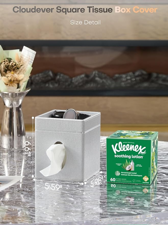 Square Tissue Box Cover Holder with Tray for Kleenex/Puffs Cubes | Gift-Ready for Entryways/Vanities | Stardust Black/Polar Ice/Liquid Iridium | Patented Metal-Look PU Leather-Liquid iridium